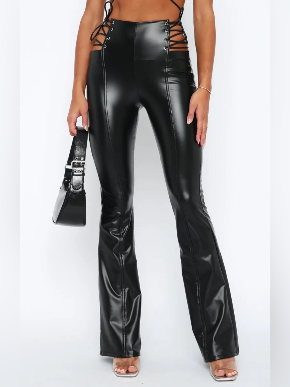 White Fox Boutique XS Black High-Shine Lace Up Faux Leather Flare Pants latex